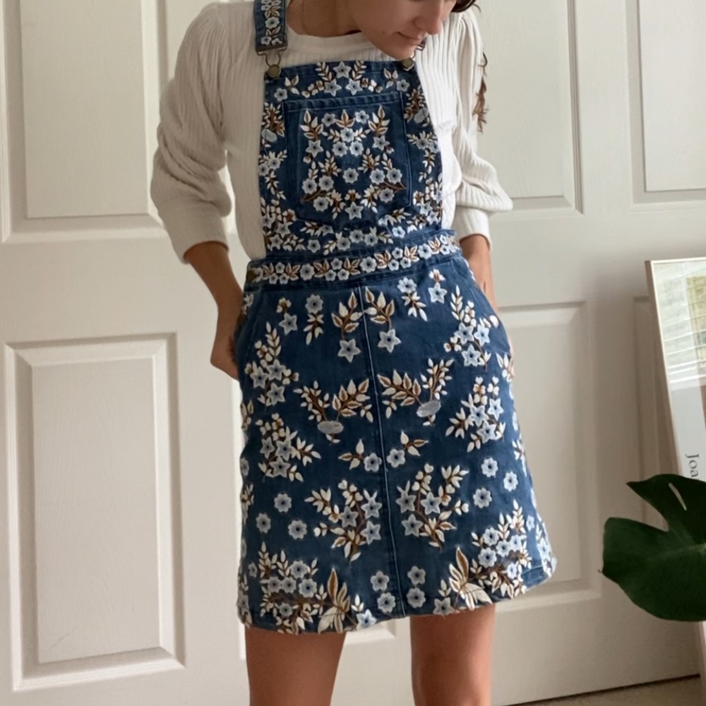 Sweet Embroidered Denim Overall Dress